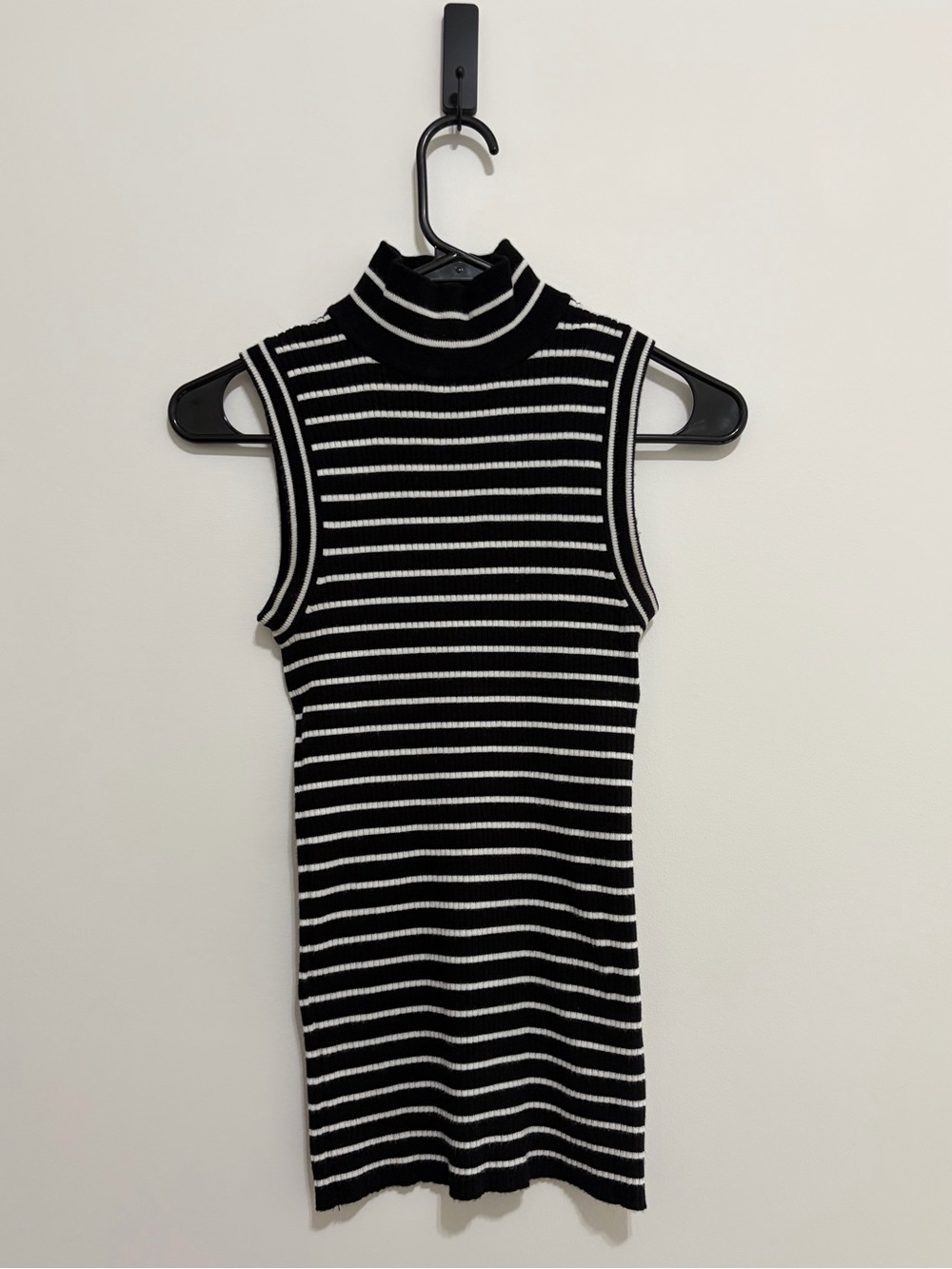 Michael Kors Black and White Striped Sleeveless Mock Neck Top